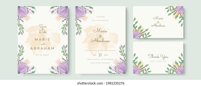 Plantilla de juego de invitación a la boda con floral verde, flor de color morado, líneas doradas de decoración. Juego de cartas con rosa de flor, hojas. Concepto de ornamento de boda. Afiche floral, invitación. Vector