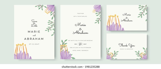 Wedding invitation set template with greenery floral, purple watercolor flower, gold lines decoration. Set of card with flower rose, leaves. Wedding ornament concept. Floral poster, invite. Vector