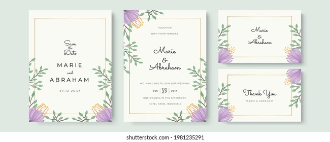 Plantilla de juego de invitación a la boda con floral verde, flor de color morado, líneas doradas de decoración. Juego de cartas con rosa de flor, hojas. Concepto de ornamento de boda. Afiche floral, invitación. Vector