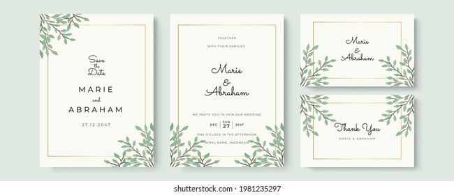 Wedding invitation set template with greenery floral, purple watercolor flower, gold lines decoration. Set of card with flower rose, leaves. Wedding ornament concept. Floral poster, invite. Vector