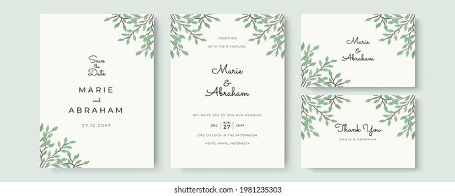 Wedding invitation set template with greenery floral, purple watercolor flower, gold lines decoration. Set of card with flower rose, leaves. Wedding ornament concept. Floral poster, invite. Vector