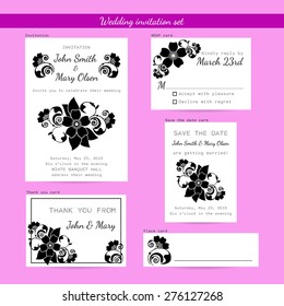 Wedding invitation set. Invitation template, RSVP card, save the date card, thank you card, place card with decorative black and white oriental flower. Vector EPS 10.