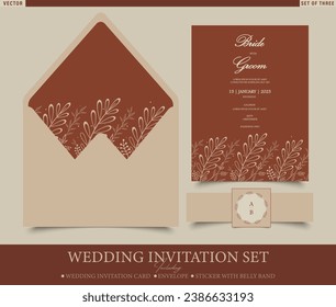 Plantilla de conjunto de invitación de boda. Conjunto de tres diseños de papel de invitación en paleta de color beige, que incluyen una tarjeta, un sobre y una pegatina con banda de sonido 