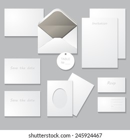 Wedding invitation set (thank you card, save the date card, RSVP card). Set of wedding templates with shadows, isolated on gray background. For Special Occasions & Life events.