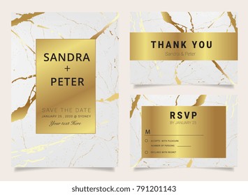 Wedding invitation set with Thank you card, RSVP, with gold marble texture background and geometric shapes