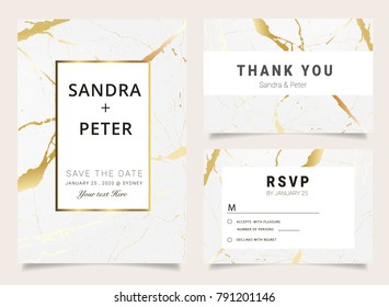 Wedding invitation set with Thank you card, RSVP, with gold marble texture background and geometric shapes pattern