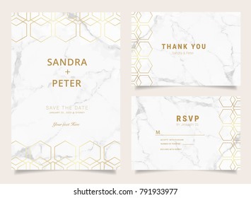 Wedding invitation set with Thank you card, RSVP, Marble texture background and geometric shapes pattern