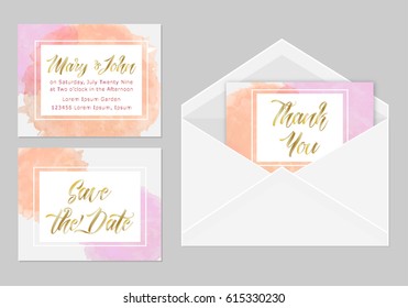 Wedding invitation set, three cards with hand drawn watercolor stains in trendy pink, orange colors. Envelope, invitations and thank you vector textured elements.