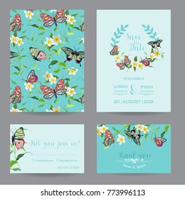 Wedding Invitation Set with Tropical Flowers and Butterflies. Save the Date Card for Romantic Ceremony. Vector illustration
