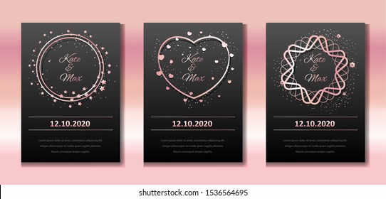 Wedding Invitation Set. Vector Banners With Rose Gold Frames On A Black Background. Round Real Borders With Sparkles And Hearts. Templates For Wedding, Birthday, Party.