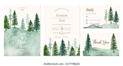 wedding invitation set with watercolor landscape pine tree