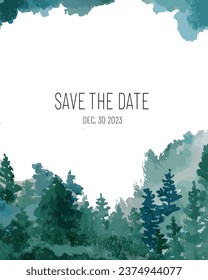 wedding invitation set with watercolor landscape pine tree, vector background, decorative elements, card