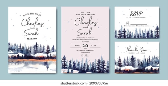 Wedding invitation set of watercolor winter landscape with pine trees and snow