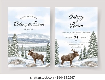 Wedding invitation set of watercolor winter landscape with moose deer and pine trees