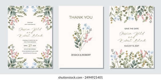 wedding invitation set with wildflower watercolor background
