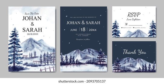 Wedding invitation set with winter landscape and icy mountain watercolor