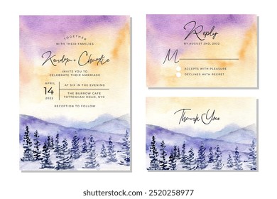 convite de casamento conjunto com paisagem de inverno aquarela fundo