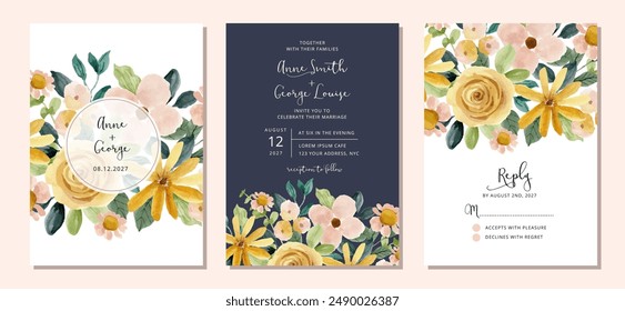 conjunto de invitación de boda con marco de acuarela floral rosa amarillo