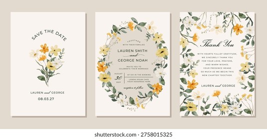 wedding invitation set with yellow white watercolor floral frame