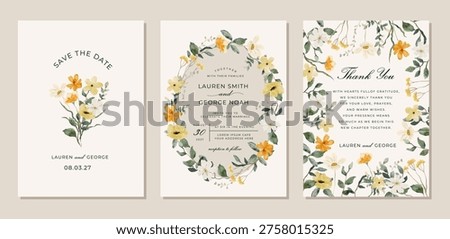 wedding invitation set with yellow white watercolor floral frame