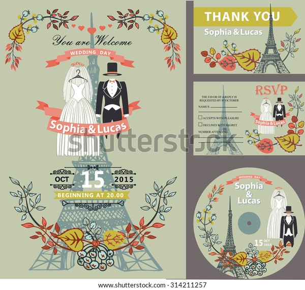 Wedding Invitation Setautumn Leaves Branches Bride Stock Vector