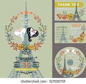 Wedding invitation set.Autumn leaves and branches,hearts bride and groom.Paris Eiffel tower background.Cute fall design template.Vintage Vector illustration.For save date cards,RSVP, CD disk