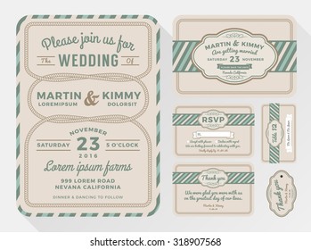 Wedding invitation sets for your lovely and friendly celebration design with rope looped. include save the date, respond card, thank you card, Place card and gift tags. Vector illustration