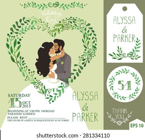 Wedding invitation set.Watercolor green branches with kissing couple bride,groom.Heart shape wreath,laurels leaves.Decorative hand drawing floral decor.Retro Vector,vintage card,tags