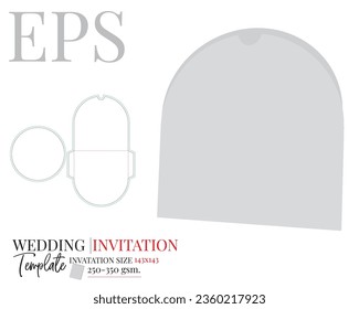 Wedding invitation in a shape of a circle in envelope, die cut template, vector. White, blank, clear, wedding invitation mock up isolated on white background with perspective view