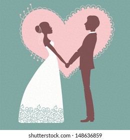 Wedding invitation. Silhouette of bride and groom. Vector illustration.