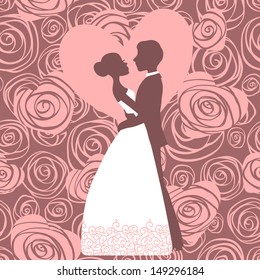 Wedding invitation. Silhouette of bride and groom. Vector illustration.