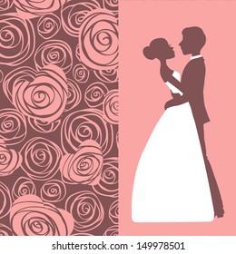 Wedding invitation. Silhouette of bride and groom. Vector illustration.