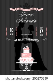 Wedding invitation with silhouette of the bride,  groom and wedding cake