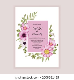wedding invitation soft pastel pink flowers and greenery leaf watercolor