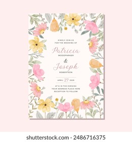 wedding invitation with soft pink yellow floral watercolor frame