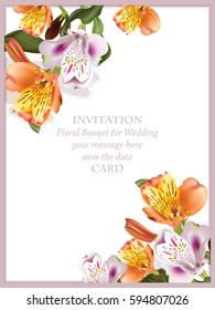Wedding Invitation Spring flowers blossom. Delicate flower bouquet card background. Beautiful Postcard for Birthday, Anniversary, Ceremony. Vector illustration