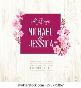 Wedding invitation. Spring flowers. Cherry blossom