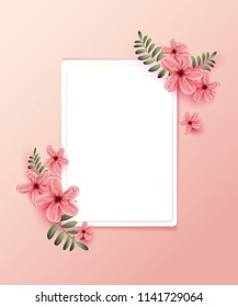 Wedding invitation with Spring flowers on pink background. Cherry blossom.