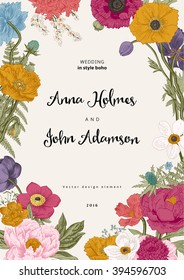 Wedding invitation. Spring Flowers. Poppy, anemones, peony. Vintage botanical illustration. Vector design element.