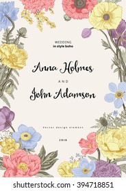 Wedding invitation. Spring Flowers. Poppy, anemones, peony. Vintage botanical illustration. Vector design element. Pastel color