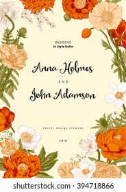 Wedding invitation. Spring Flowers. Poppy, anemones, peony. Vintage botanical illustration. Vector design element.