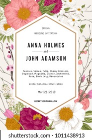 Wedding invitation. Spring Flowers and twig. Peonies, Spirea, Cherry Blossom, Dogwood. Vintage 
