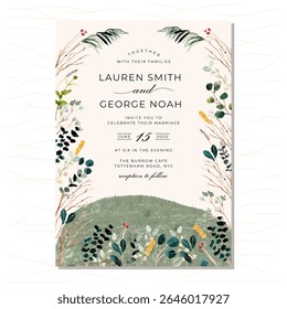 wedding invitation with spring meadow landscape watercolor