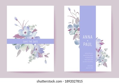 Wedding invitation spring pastel flowers. Floral watercolor blooming card minimal template vector. Botanical modern poster, trendy design, luxury background illustration