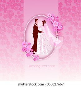 Wedding invitation with spring sakura flowers. Bride and groom dancing.