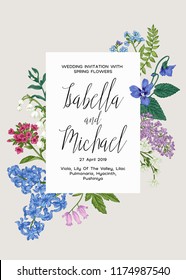 Wedding invitation with spring and summer garden flowers. Vector botanical illustration.