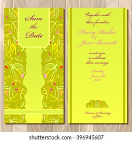 Wedding invitation spring summer green yellow card design. Printable backgrounds set. Invitation guest card. Save the date, bride and groom name wedding stationary card template. Vector illustration. 