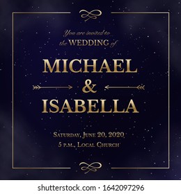 Wedding invitation square card on magic night dark blue sky with sparkling stars and nebula. Vector golden shiny glowing lettering in creative frame. Luxury elegant navy blue template