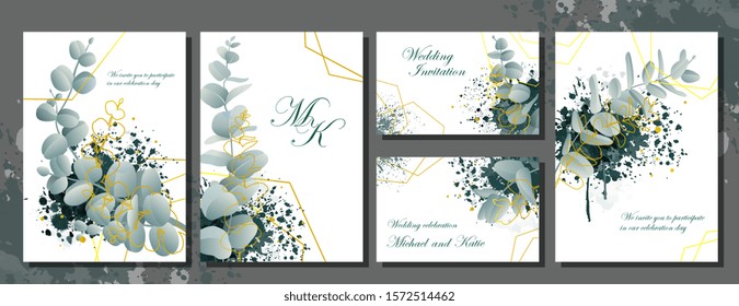 Wedding invitation stationery set with flowers and ornamental green leaves with decorative text over white, vector illustration