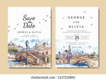 Wedding invitation of stone bridge and lamp post watercolor